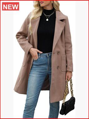 Winter Wool Blend Pea Coat Double-Breasted Notch Lapel Mid-Long Coat